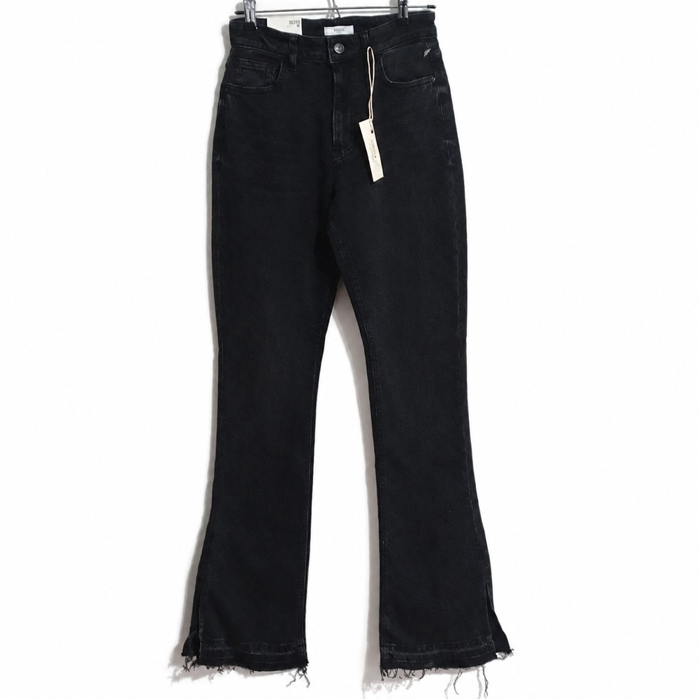 Size 27 black denim jeans "High Rise Bootcut Slim Fit" Distressed Raw Frayed Hem